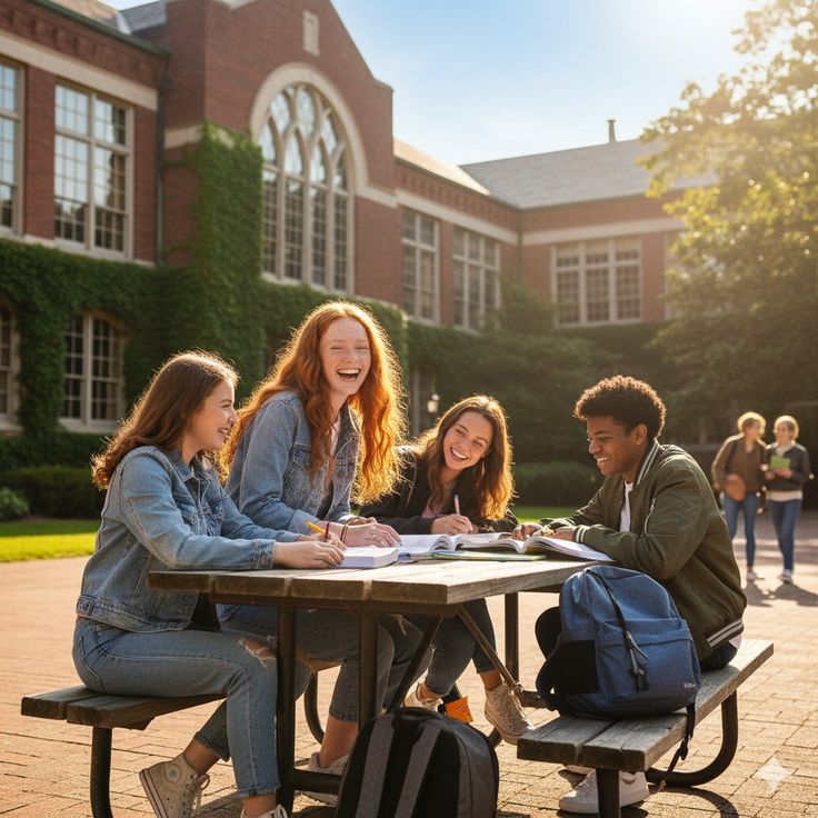 Students gathered around a table on campus